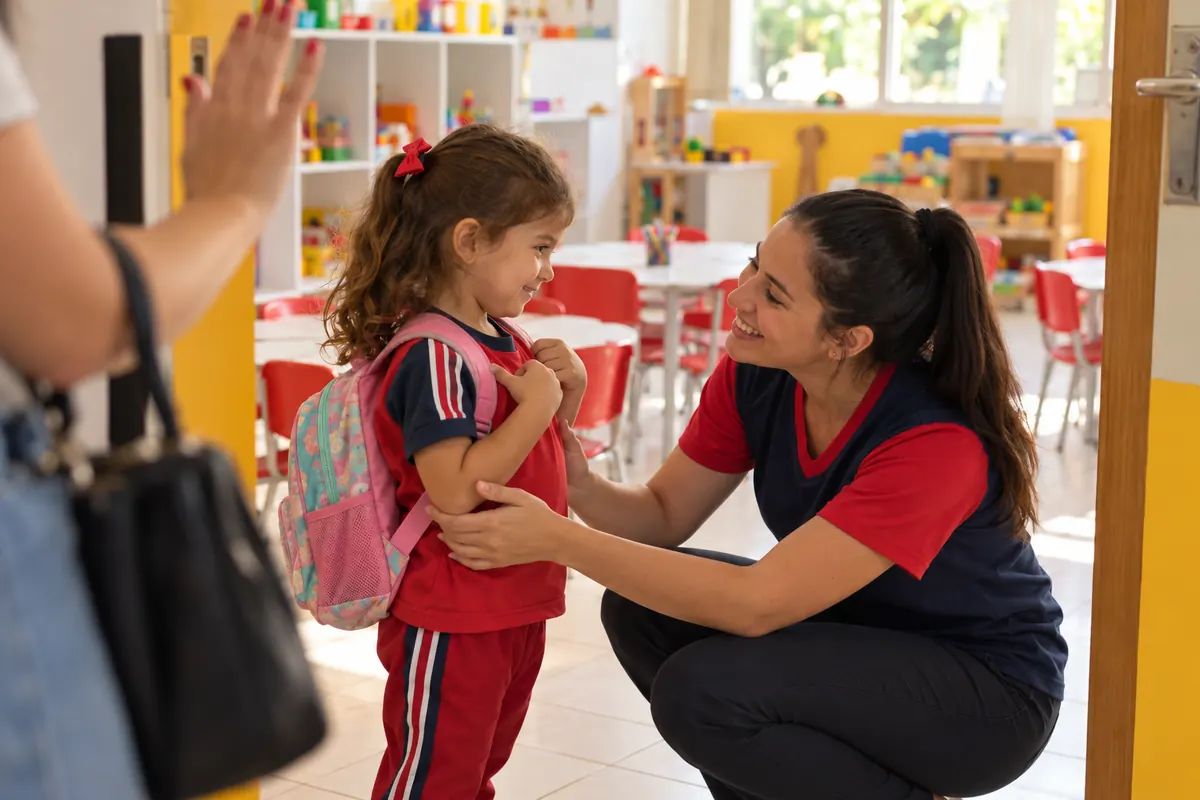 Professora agachada recebe uma menina de mochila na porta da sala