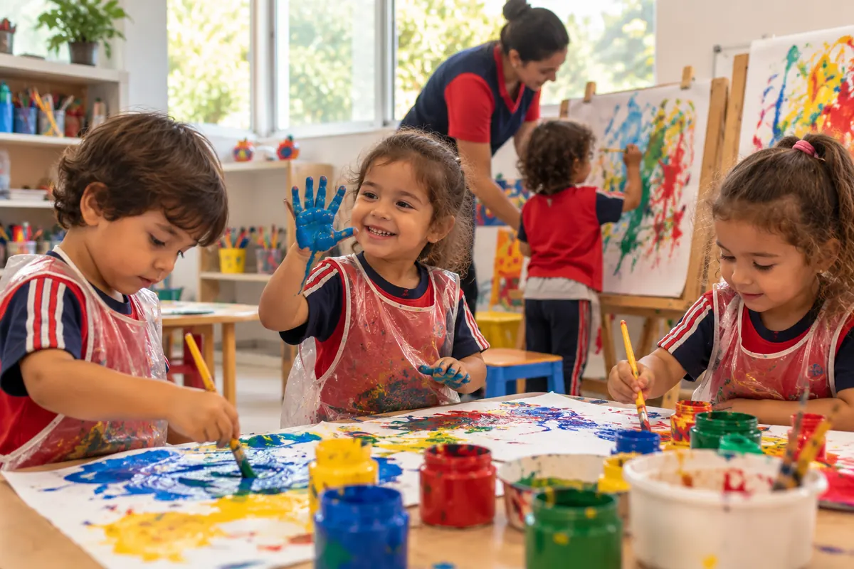 Crianças pintam com pincel e com as mãos num ateliê