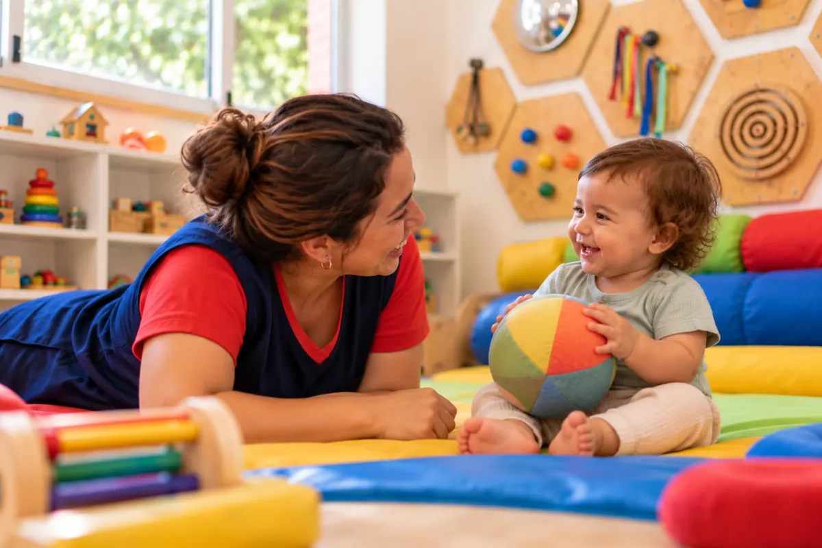 Professora brinca com um bebê no colchonete do Berçário