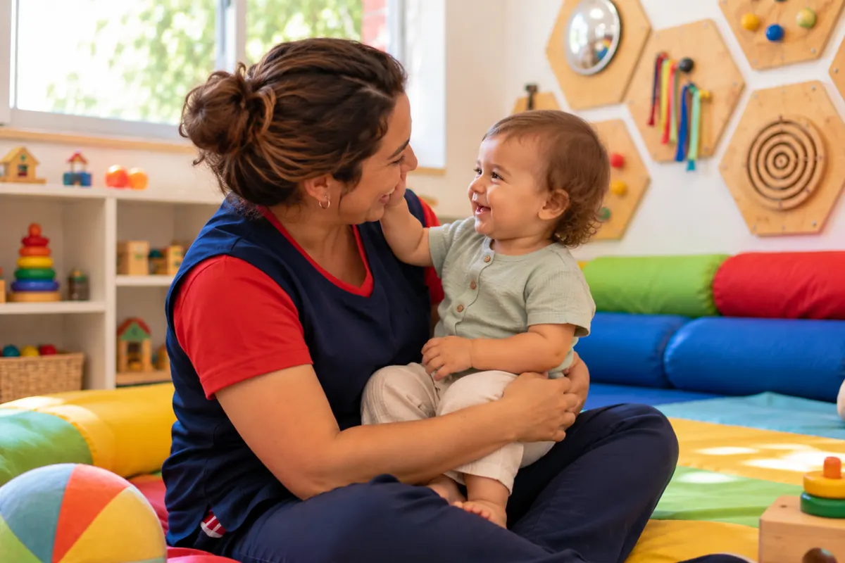 Professora conversa com um bebê no colo, os dois se olhando
