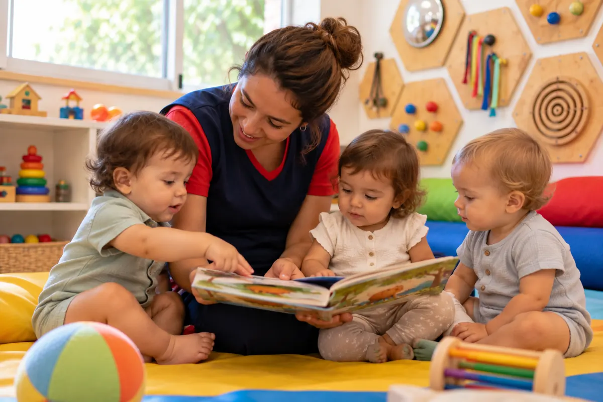 Professora lê um livro de imagens para três bebês no colchonete