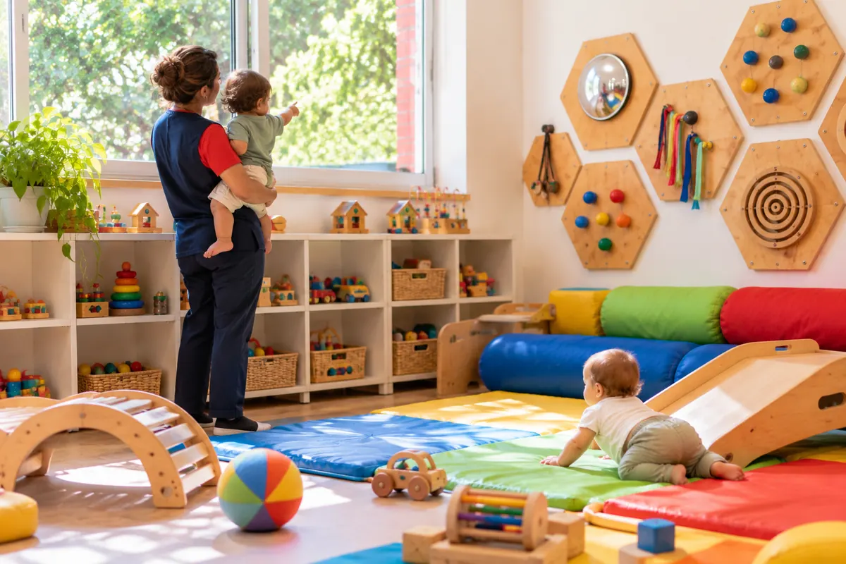 Professora com um bebê no colo junto à janela da sala do Berçário