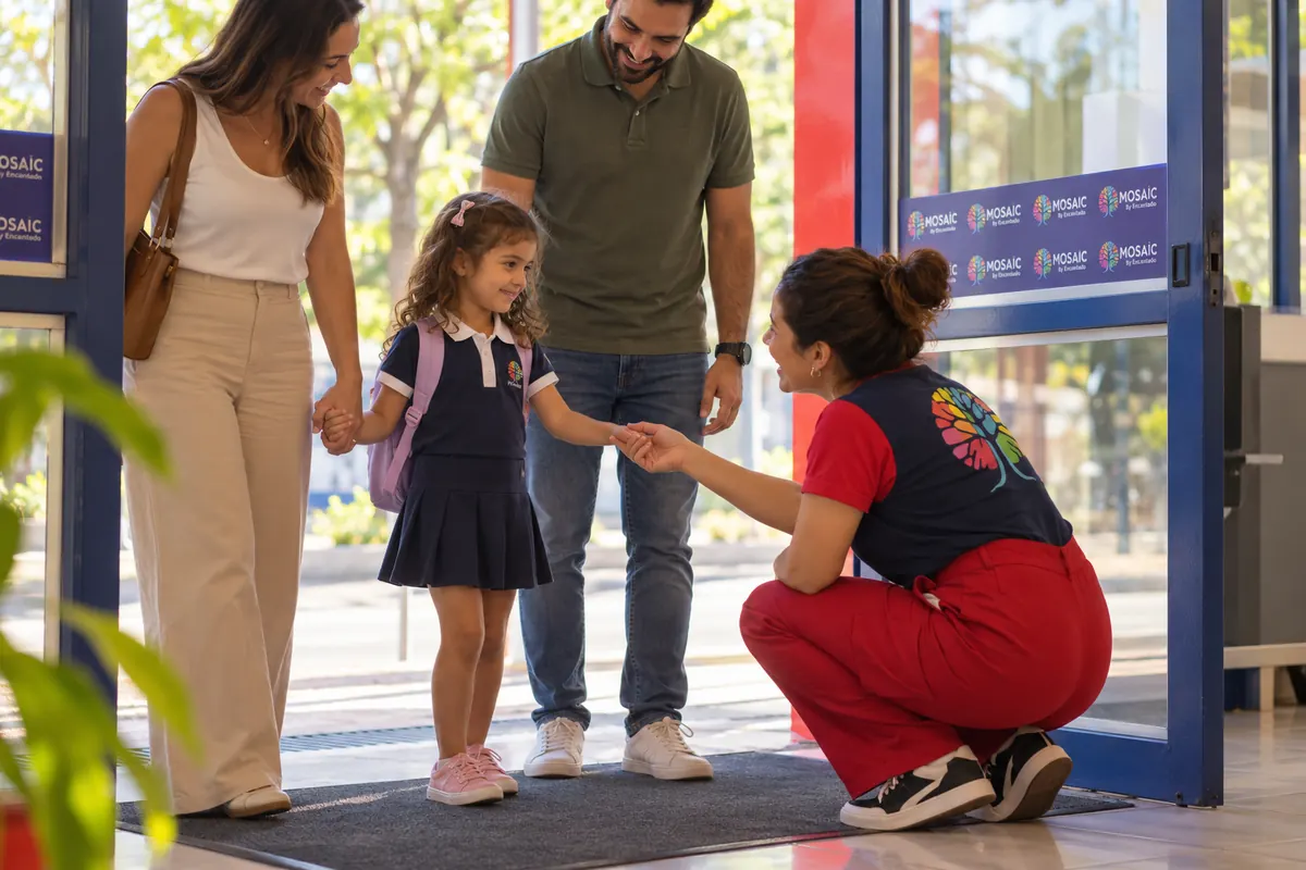Professora recebe uma menina e os pais na entrada da escola
