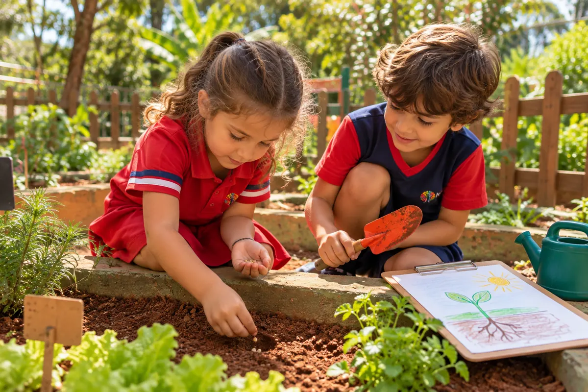 Duas crianças plantam sementes num canteiro da horta