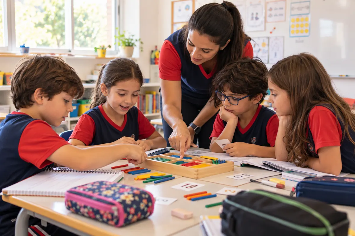 Alunos resolvem um jogo de matemática com material concreto e a professora