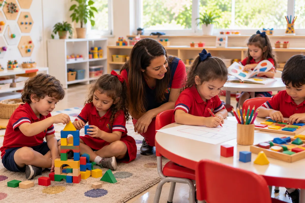 Crianças aprendem formas geométricas de jeitos diferentes, com blocos, desenho, livro e tabuleiro, e a professora acompanha