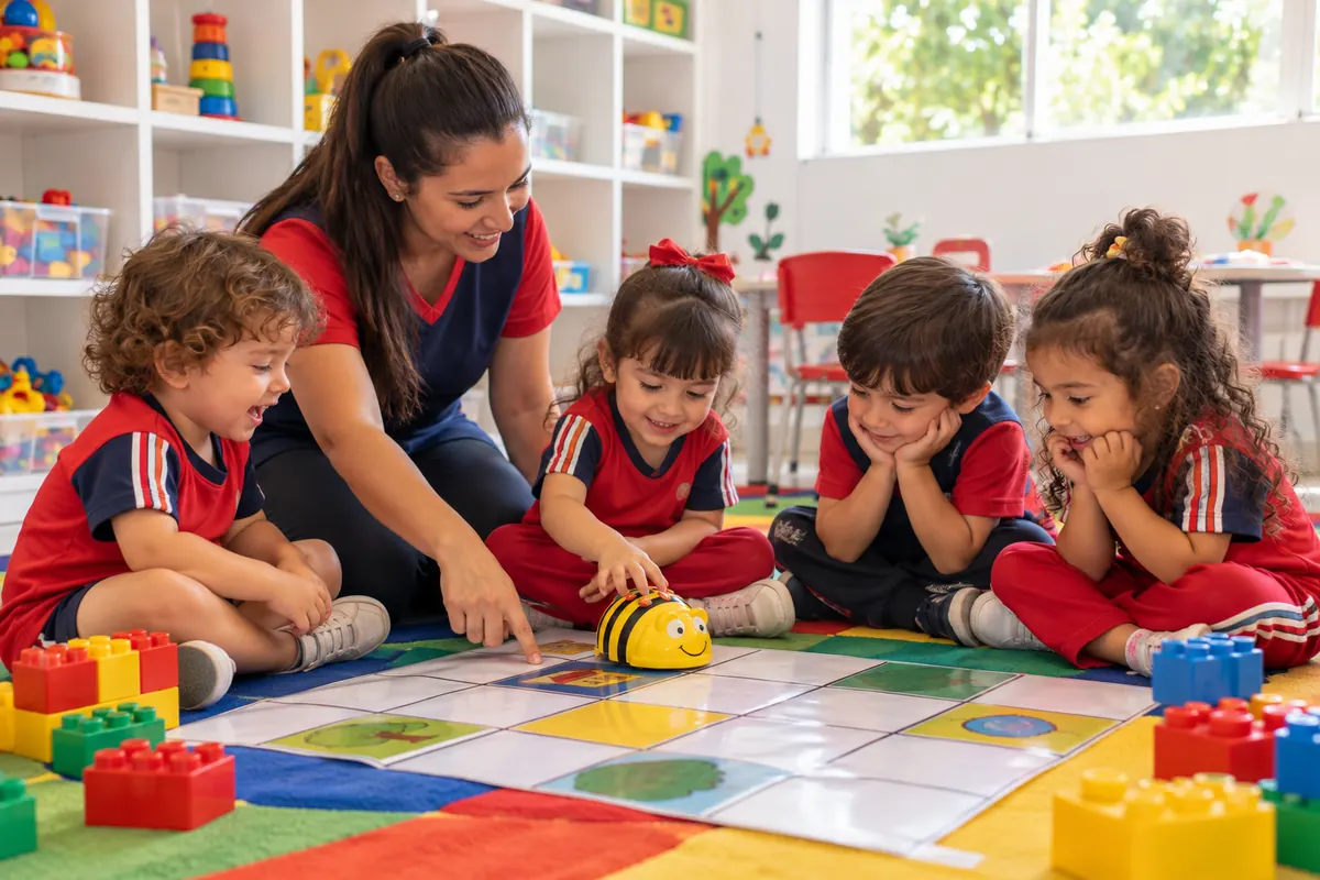 Crianças programam um pequeno robô de chão com a professora