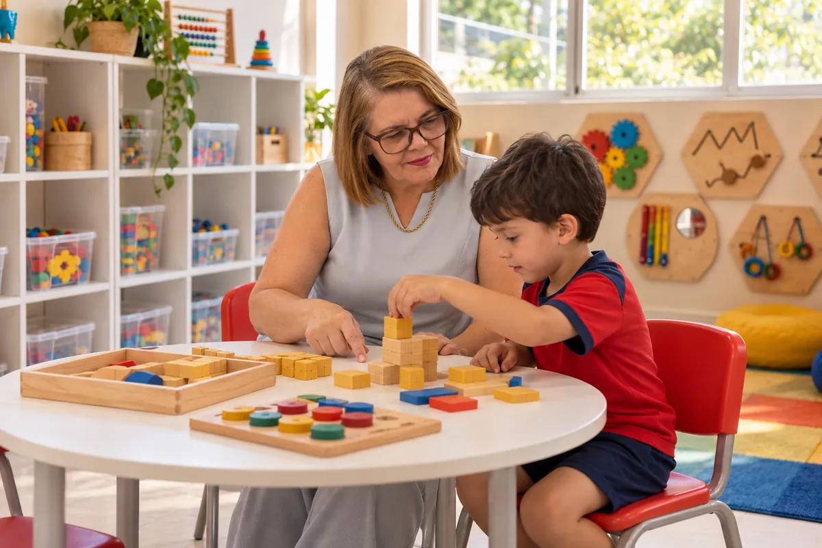 Orientadora da escola com um aluno na mesinha da sala de recursos, montando blocos