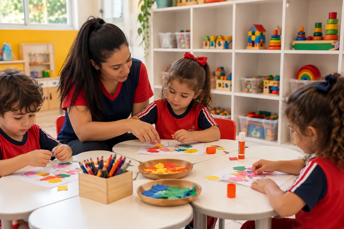 Professora ajuda uma menina numa colagem, com colegas à mesa